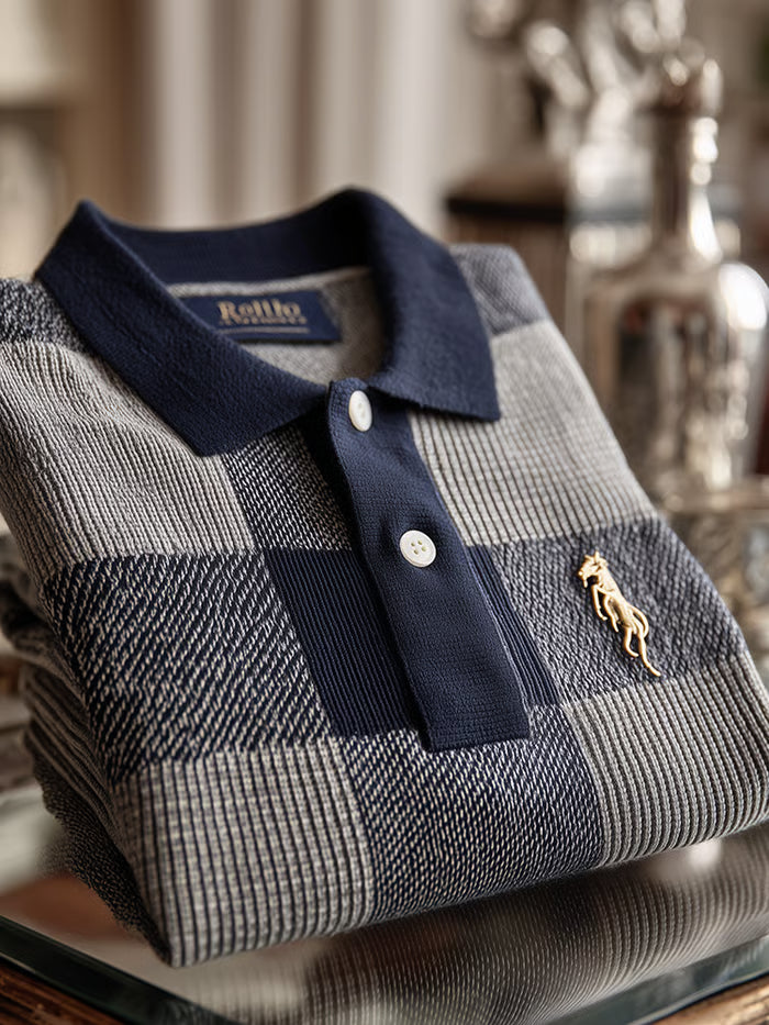 GLAMTSHIRT Men’s Check Business Casual Ribbed Knitting Polo – Short Sleeve