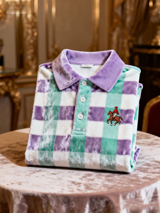 GLAMTSHIRT Men’s Velvet Business Logo-Print Long-Sleeve Polo – Luxury Soft Touch Smart-Casual