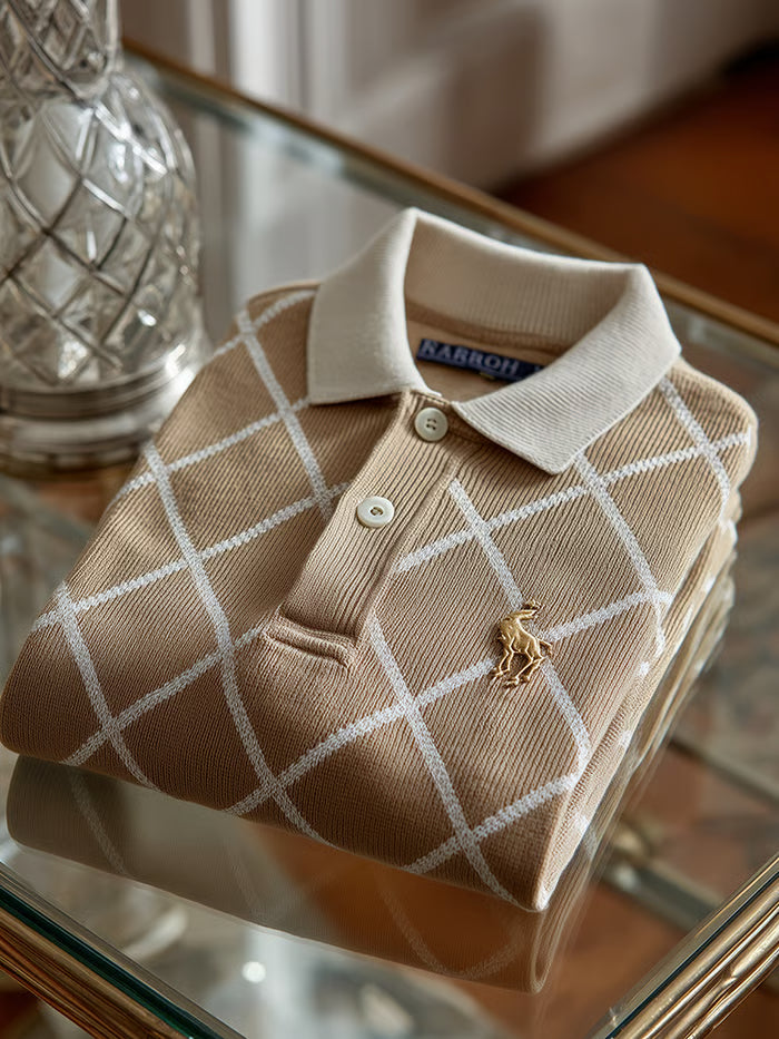 GLAMTSHIRT Men’s Check Business Casual Short-Sleeve Ribbed Knitting Polo